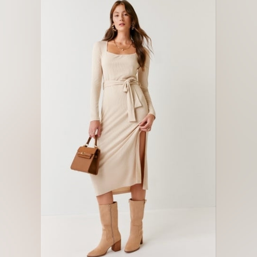 Francesca's Cream Long-Sleeve Ribbed Midi Dress with Tie Front Belt Size: XS